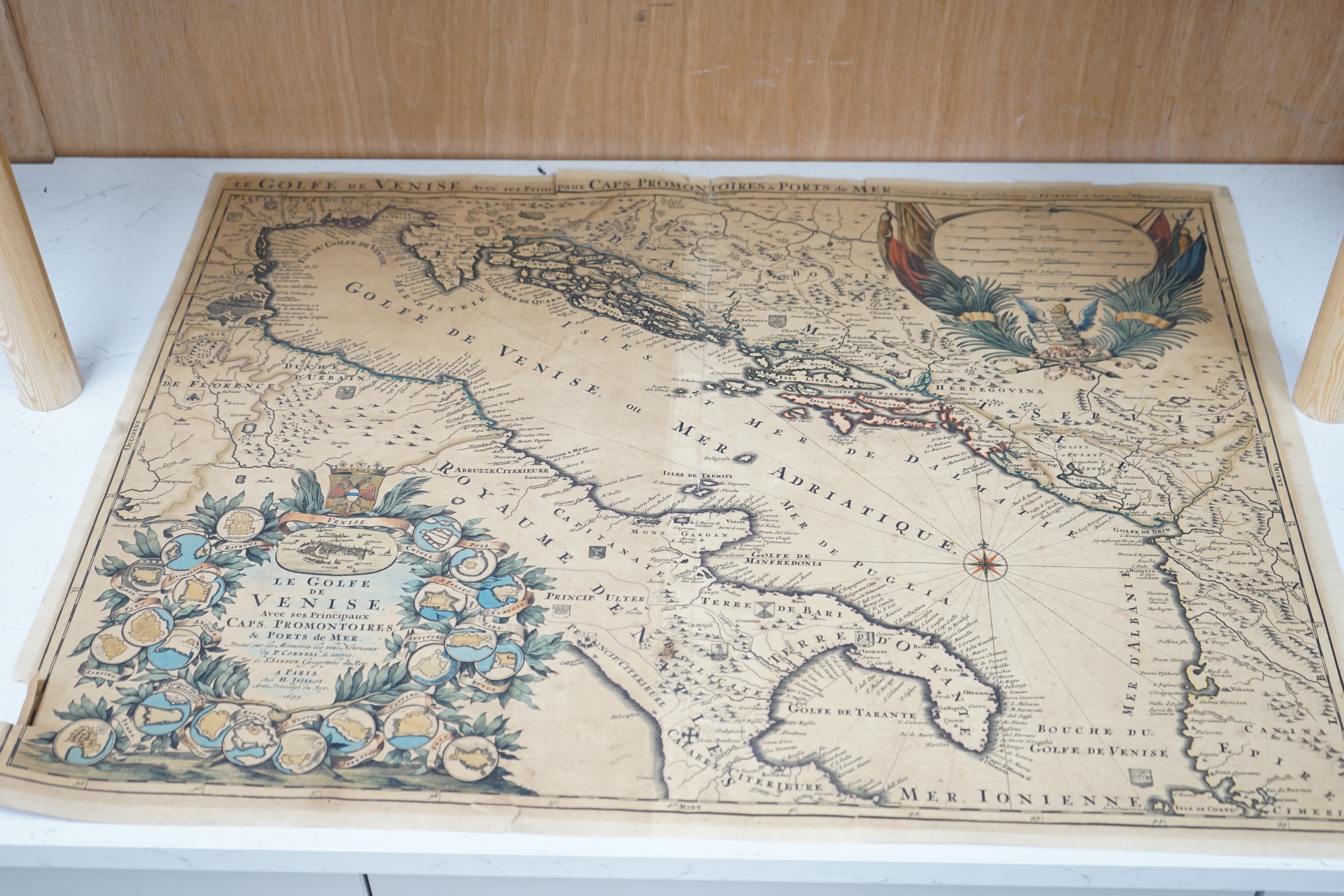 18th century hand coloured map of Italy publ. 1794 by Laurie & Whittle together with a French map of the Gulf of Venice and Lombardy by R de Vaugondy, unframed, (3) largest 68 x 51cm